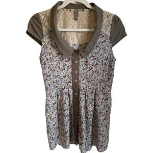 Free People Top Sz XS Pockets Babydoll Button Up Lace Beads Floral Peasant Boho
